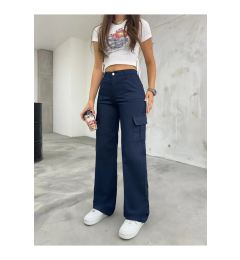 Снимка на 12128 Dewberry High Waist Wide Leg Cargo Pocket Trousers-NAVY BLUE