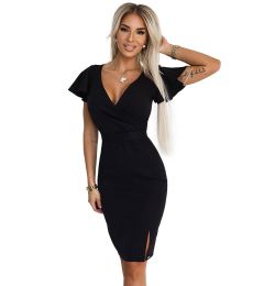 Снимка на 479-9 NINA Elegant dress with crossover neckline, sleeve and belt - BLACK