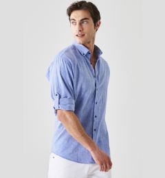 Снимка на AC&Co / Altınyıldız Classics Men's Saks Blue Linen Comfort Fit Relaxed Cut Button Collar Casual Shirt