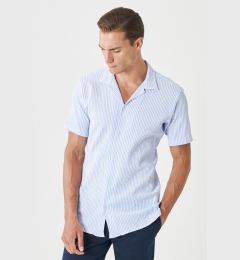 Снимка на AC&Co / Altınyıldız Classics Men's White-light Blue Comfort Fit Comfy Cut Monocollar See-through Striped Shirt.