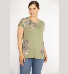 Снимка на Şans Women's Khaki Plus Size Crew Neck Front Printed Short Sleeve Blouse