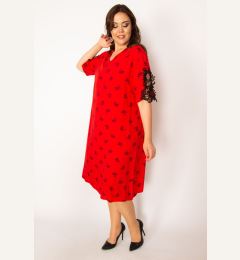 Снимка на Şans Women's Plus Size Red Woven Viscose Dress With V-Neck Lace Detail