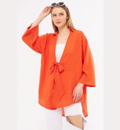 Снимка на armonika Women's Orange Linen Look Front Tie Kimono Shirt