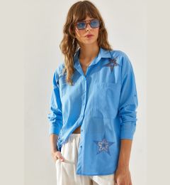 Снимка на Bianco Lucci Women's Flam Linen Star Laser Cut Single Pocket Long Sleeve Shirt