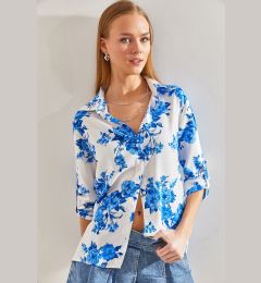 Снимка на Bianco Lucci Women's Floral Patterned Folding Sleeve Viscose Shirt