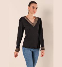 Снимка на Bigdart 0466 Embroidered V Neck Knitted Blouse - Black