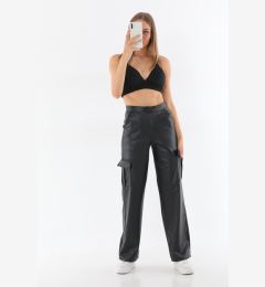 Снимка на BİKELİFE Women's Black Leather High Waist Wide Leg Cargo Pants