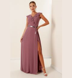 Снимка на By Saygı Chiffon Slit Long Dress with Flounce Collar and Belt