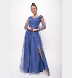 Снимка на By Saygı Dark Blue Laced Balloon Sleeve Tulle Long Evening Dress