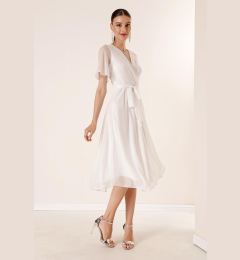 Снимка на By Saygı Double Breasted Collar Waist Belted Lined Silvery Tulle Dress In Ecru.