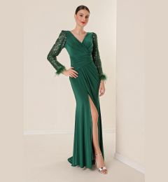 Снимка на By Saygı Double Breasted Neck Front Draped Sleeves Sequined Feather Detailed Lined Lycra Long Dress