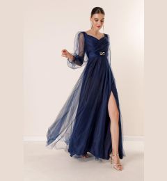 Снимка на By Saygı Front Back V-Neck Waist with Stones and Draped Lined Long Tulle Dress