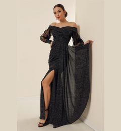 Снимка на By Saygı Madonna Collar Sleeve Tulle Lined Front Gathered Lycra Silvery Long Dress Silver