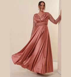 Снимка на By Saygı Plus Size Long Satin Evening Dress with Tulle Shimmer Detailed Front Pleats on the sleeves Copper.