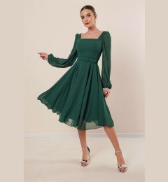 Снимка на By Saygı Square Neck Belted Lined Flared Chiffon Dress