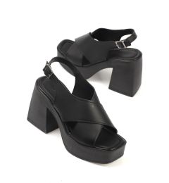 Снимка на Capone Outfitters Capone Women's Chunky Toe Crossover Wide Strap Platform Heels Black Women's Sandals.