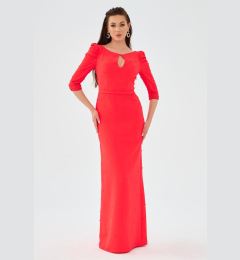 Снимка на Carmen Coral Crepe Pearl Embroidered Long Evening Dress