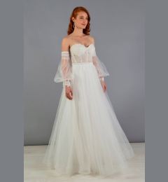 Снимка на Carmen Ecru Tulle Low Sleeve Engagement Evening Dress