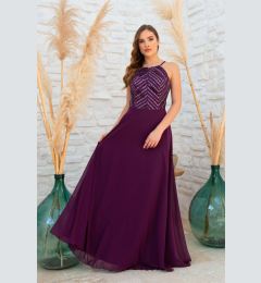 Снимка на Carmen Plum Halter Sequined Long Evening Dress.