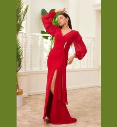 Снимка на Carmen Red Chiffon Buckle Detailed Long Evening Dress