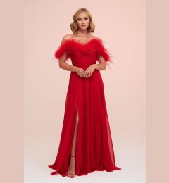 Снимка на Carmen Red Chiffon Feathered Slit Long Evening Dress