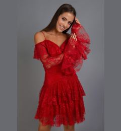 Снимка на Carmen Red Lace Long Sleeve Short Evening Dress