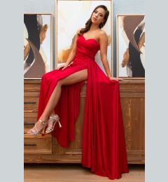 Снимка на Carmen Red Satin One-Shoulder Slit Long Evening Dress