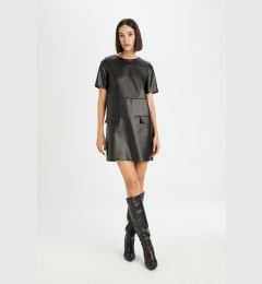 Снимка на DEFACTO A Cut Round Neck Basic Plain Faux Leather Short Sleeve Mini Dress