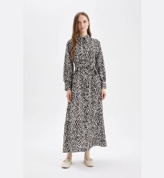 Снимка на DEFACTO A-Line Patterned Shirt Collar Belted Long Sleeve Maxi Dress