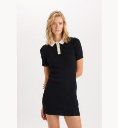 Снимка на DEFACTO A-Line Polo Neck Basic Plain Ribbed Look Viscose Short Sleeve Mini Dress