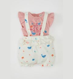 Снимка на DEFACTO Baby Girl 2-Piece Set Sea Printed Ribbed Camisole Short Sleeve T-Shirt Suspender Overalls