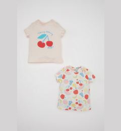 Снимка на DEFACTO Baby Girl Newborn Envelope Collar Fruit Patterned Combed Cotton Short Sleeve 2-Pack Snap T-Shirt