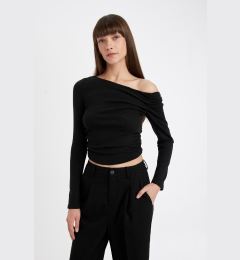 Снимка на DEFACTO Black Slim Fit Slim Cut One Shoulder Ribbed Basic Plain Long Sleeve T-Shirt