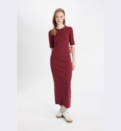 Снимка на DEFACTO Bodycon Fitted Crew Neck Basic Plain Ribbed Camisole Short Sleeve Maxi Burgundy Dress