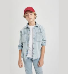 Снимка на DEFACTO Boy Oversize Fit Wide Mold Polo Collar Jean Long Sleeve Shirt