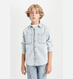 Снимка на DEFACTO Boy Oversize Wide Pattern Polo Collar Pocket Jean Long Sleeve Shirt