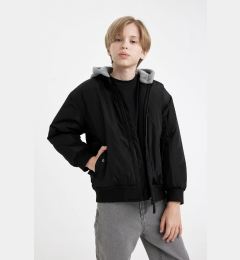 Снимка на DEFACTO Boys Water Repellent Detachable Hood College Collar Zippered Ribbed Sleeve Bomber Jacket