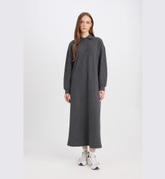 Снимка на DEFACTO Buttoned Polo Collar Basic Plain Long Sleeve Thessaloniki Fabric Maxi Knit Dress