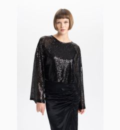 Снимка на DEFACTO Crop Round Neck Sequined Fabric Long Sleeve Blouse