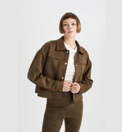 Снимка на DEFACTO Crop Shirt Collar Snap Pocket Suede Shirt Jacket