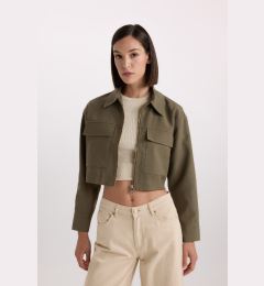 Снимка на DEFACTO Crop Shirt Collar Zippered Double Pocket Gabardine Long Sleeve Shirt Jacket