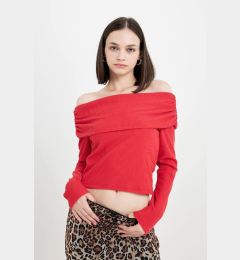 Снимка на DEFACTO Fitted Bodycon Off Shoulder Ribbed Camisole Red Long Sleeve T-Shirt