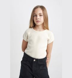 Снимка на DEFACTO Girl Slim Fit Crew Neck Corduroy Basic Short Sleeve T-Shirt