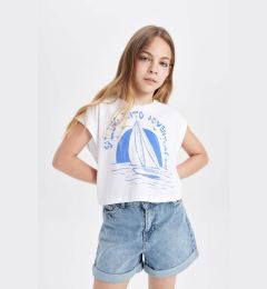 Снимка на DEFACTO Girl's Crop Crew Neck Marine Printed Short Sleeve T-Shirt