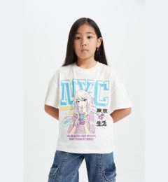 Снимка на DEFACTO Girls Oversize Wide Fit Crew Neck Printed Short Sleeve T-Shirt