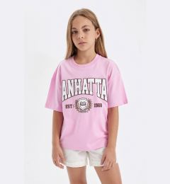 Снимка на DEFACTO Girls Oversize Wide Pattern Crew Neck Text Printed Short Sleeve School T-Shirt