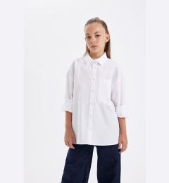 Снимка на DEFACTO Girls Oversize Wide Pattern Poplin Long Sleeve White School Shirt