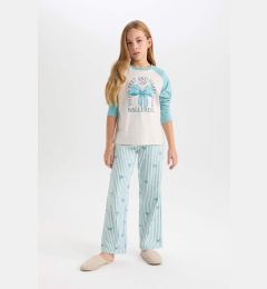 Снимка на DEFACTO Girls Pajama Set Crew Neck Printed Long Sleeve Top Striped Long Bottom