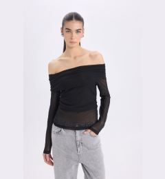 Снимка на DEFACTO New Year's Themed Slim Fit Slim Cut Off Shoulder Tulle Long Sleeve T-Shirt