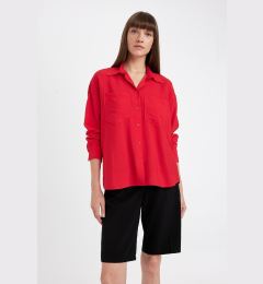 Снимка на DEFACTO Oversize Fit Wide Mold Shirt Collar Basic Plain Red Long Sleeve Shirt